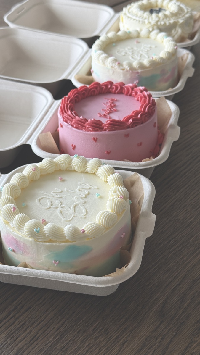 A row of bento cakes, a pastel pink and blue gender reveal cake in front